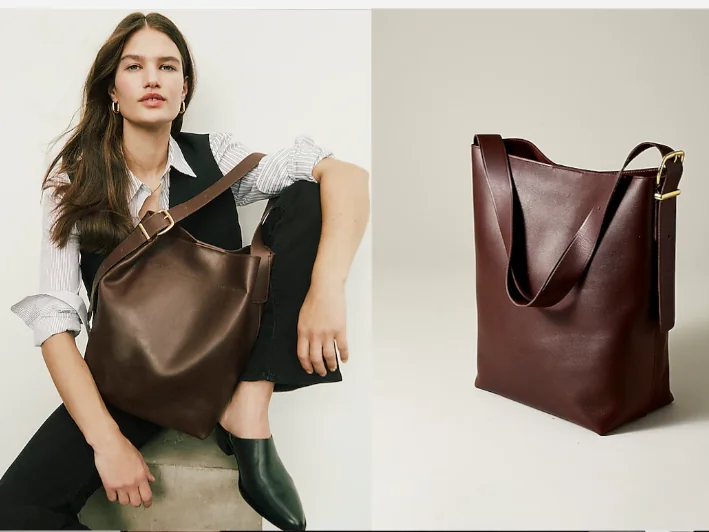 Unstructured bucket tote bag with clean daily-use appeal and spacious interior volume.