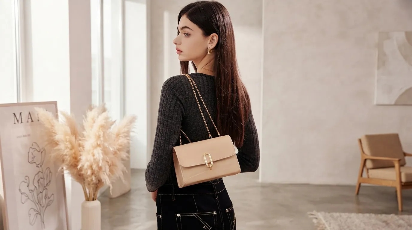 Structured box shoulder bag with sharp 90-degree angles and weighty brass hardware.