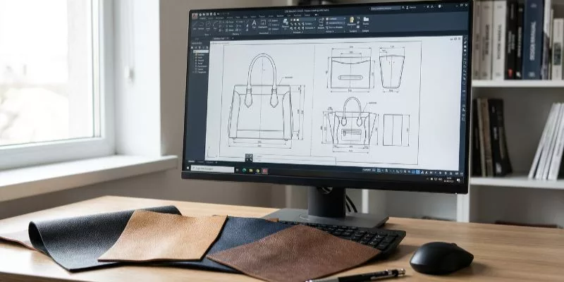  A computer monitor showing CAD pattern software, with real leather color swatches on the desk.