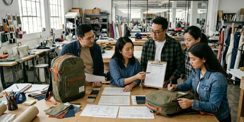 A product development team reviewing a pre-production checklist, tech pack, and bag prototype.