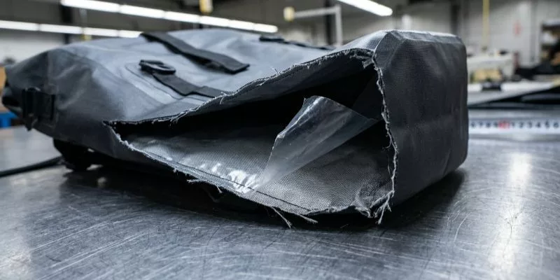 A torn waterproof bag on a factory workbench showing delaminated inner lining.