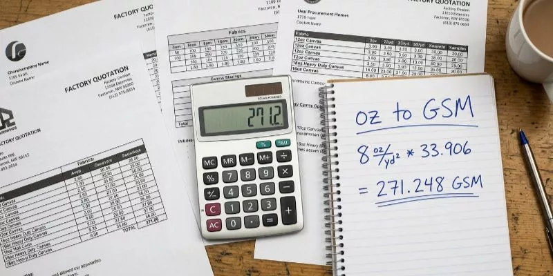 Calculator and notepad showing oz to GSM fabric weight conversion next to supplier quotes