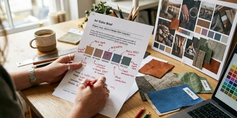 Detailed color brief document with fabric swatches and handwritten notes on a designer's desk.