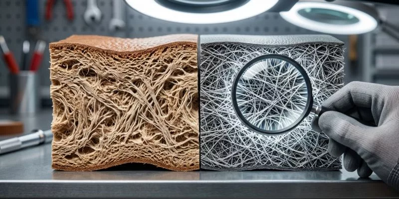 Macro cross-section comparison showing the 3D non-woven fiber structure of microfiber leather mimicking genuine cowhide