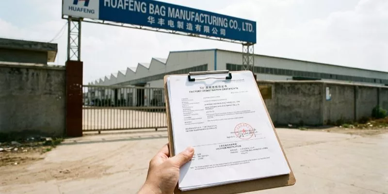 Sourcing agent verifying bag factory location against identity documents