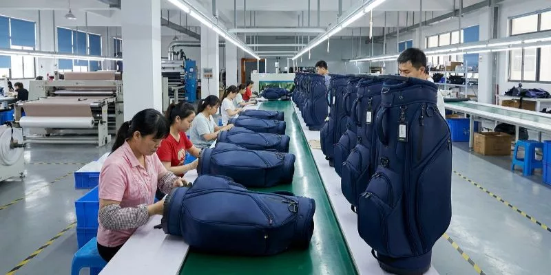 Wide view of a Shenzhen factory floor assembling deep navy waterproof golf bags