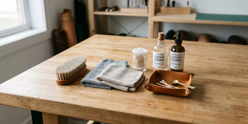A clean, professional workshop bench top with essential leather care tools arranged neatly
