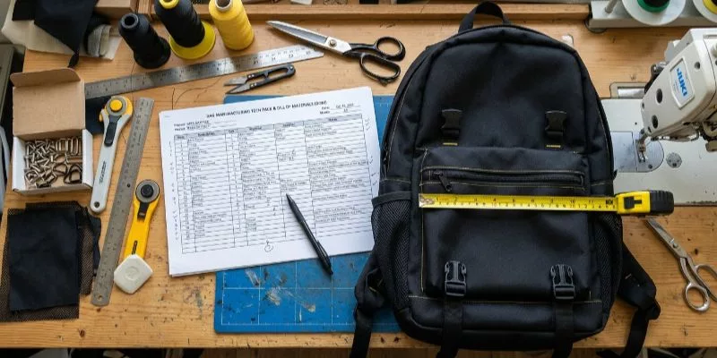 Bag manufacturing Tech Pack and Bill of Materials document next to a sample