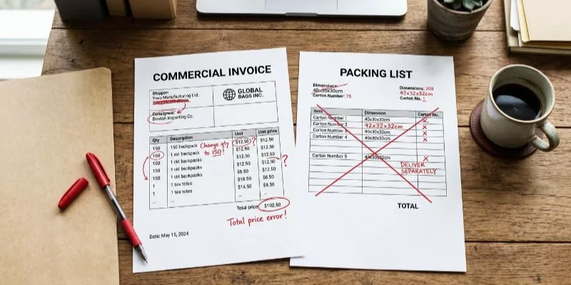 Commercial invoice and packing list drafts with red pen corrections for bag shipping