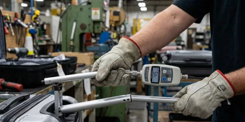 Factory QA inspector testing the breaking point of a luggage handle tube under 45 lbs of pressure