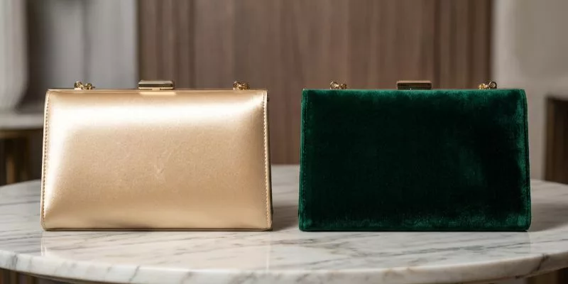 Flash photography comparison of high-shine satin vs matte velvet luxury bags