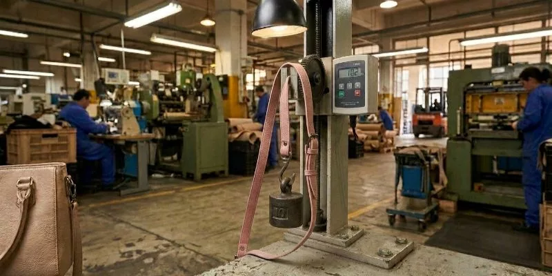 Industrial 10-pound tension rig testing vegan leather handbag strap durability.