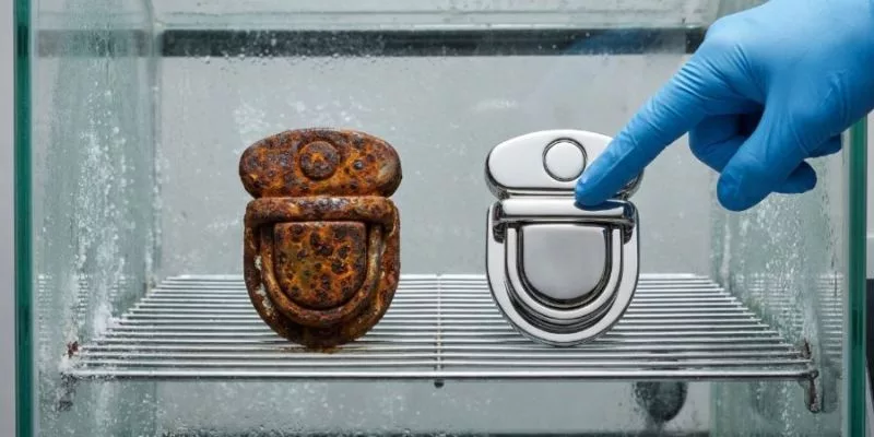 Salt Spray Corrosion Test Comparing Rusted Zinc Hardware with Clean 316 Stainless Steel Hardware