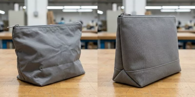 Side-by-side comparison of a collapsed, wrinkled cosmetic bag prototype versus a rigid, perfectly shaped final production cosmetic bag on a factory table.
