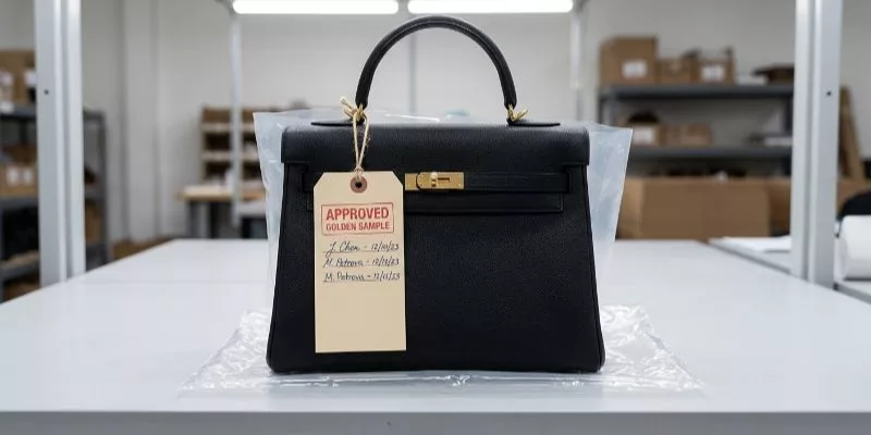 A flawless black leather handbag inside a clear bag, with a signed 'Approved Golden Sample' tag on the handle.