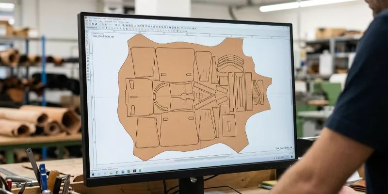 CAD software showing optimized leather cutting layout for luxury handbags