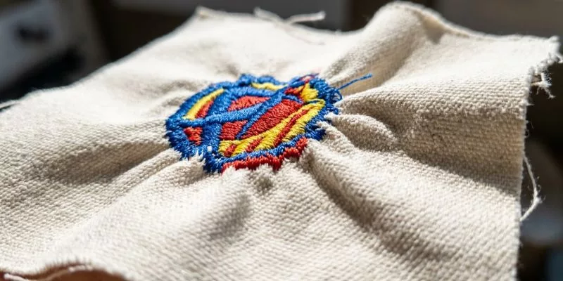 Extreme close-up of embroidery puckering failure on thin 8oz canvas