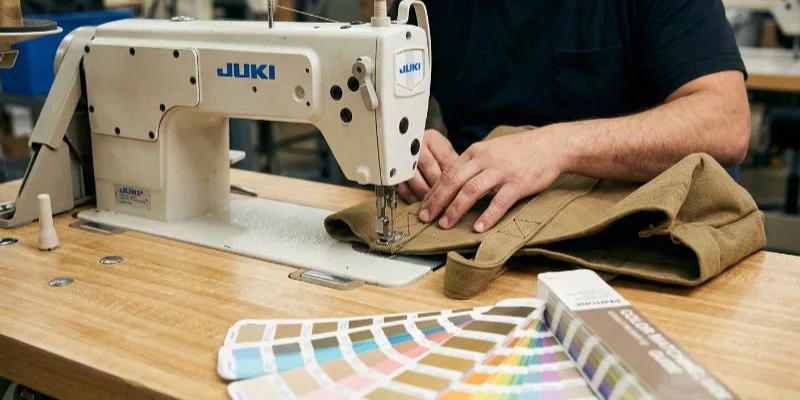 Close-up of heavy-duty industrial sewing machine creating a reinforced cross-stitch on a canvas tote bag handle.