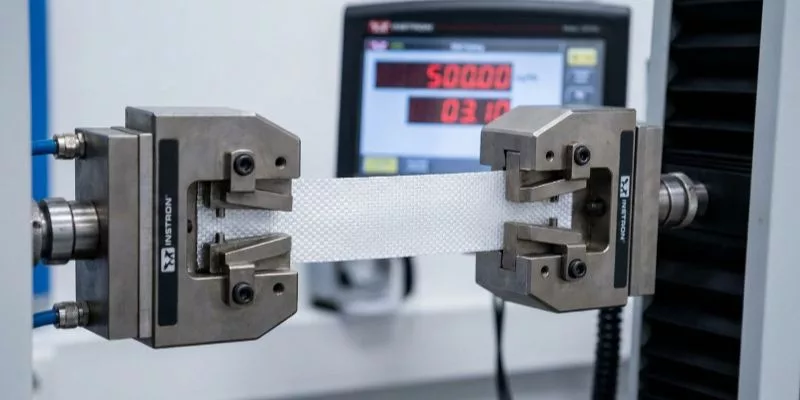 1. QA engineer cutting woven polypropylene fabric samples for UV exposure lab testing.
