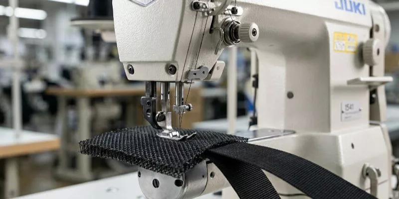 Juki 1541 sewing machine stitching thick 3D air mesh onto a heavy-duty strap.
