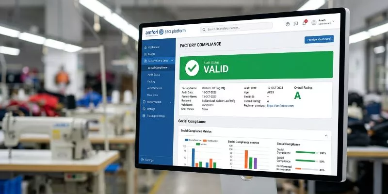 Live amfori BSCI platform verification dashboard on a computer screen