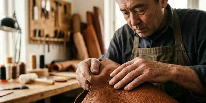 .A craftsman's hands gently touching and feeling the grain and texture of a premium leather piece.