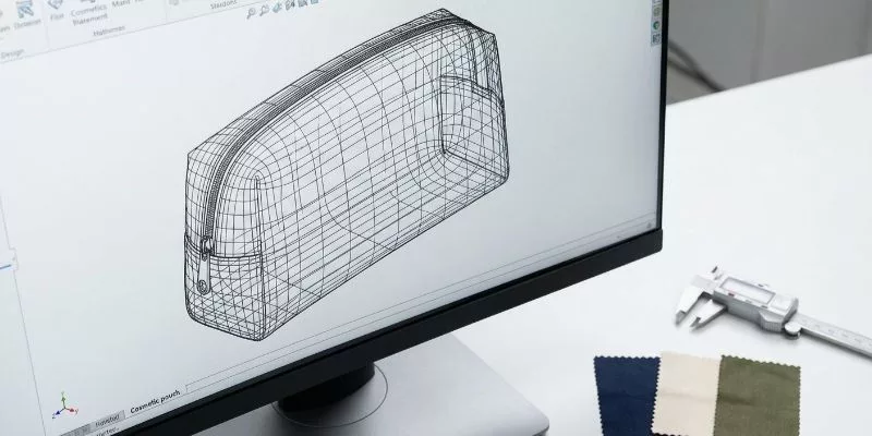 CAD pattern drafting software showing a detailed cosmetic pouch wireframe next to calipers and fabric swatches on a designer's desk.