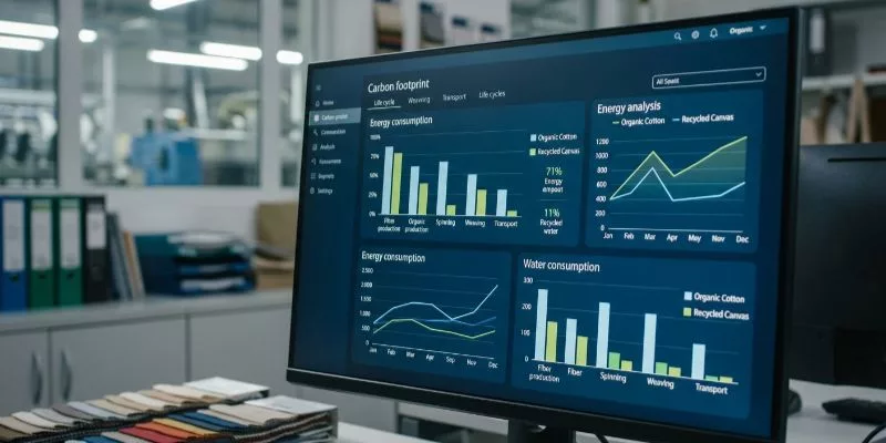 .Carbon footprint tracking software dashboard comparing organic cotton and recycled canvas