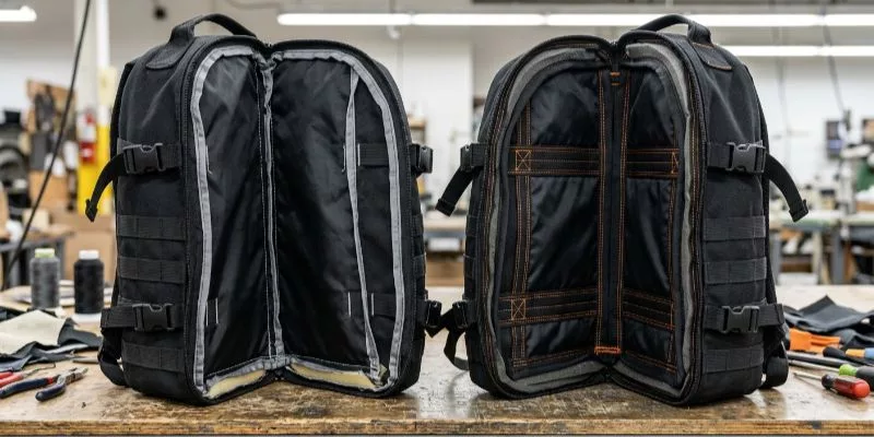 Cross-section view showing different internal seam architectures of two identical-looking backpacks.