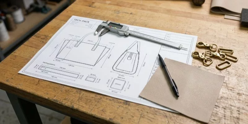 Factory workbench showing a custom handbag tech-pack, measuring tools, and brass hardware.