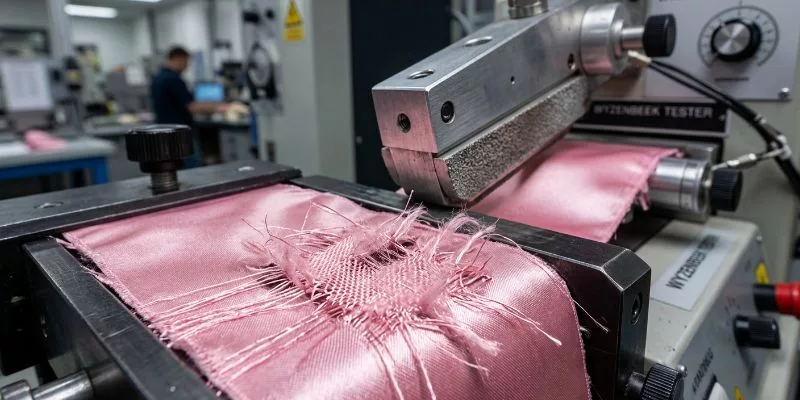 Macro view of satin fabric failing a professional Wyzenbeek abrasion test