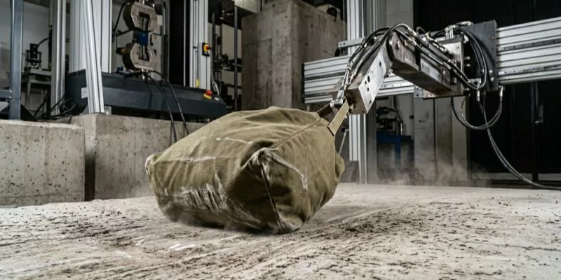 A heavily loaded canvas bag being dragged across rough concrete by a mechanical arm.
