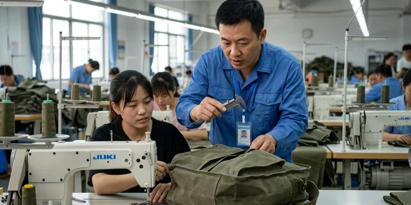 A golden sample backpack with an approved signature tag on a factory inspection table.
