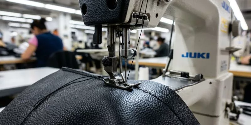 Factory manager measuring the thickness of microfiber leather samples with a digital caliper