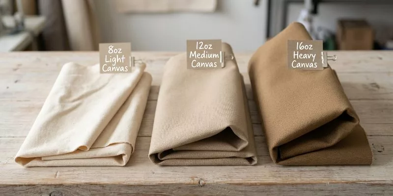 Side-by-side comparison of 8oz, 12oz, and 16oz canvas fabric swatches showing drape and stiffness