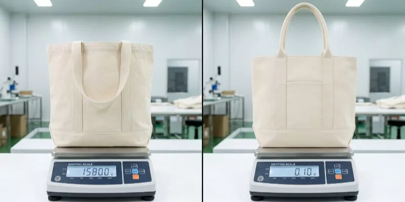 Side-by-side comparison of two visually identical canvas tote bags on digital scales, demonstrating significant weight reduction without losing premium quality.