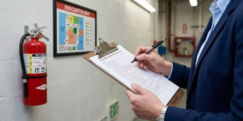 Compliance manager pointing out improperly stacked boxes in a bag factory