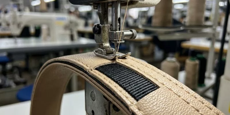Juki industrial sewing machine stitching nylon-reinforced vegan leather strap at 9 SPI.