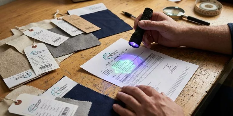.Quality inspector checking GRS chain-of-custody certificate for fraud with a UV light