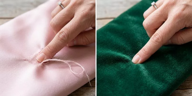 Real-world scratch test showing snagged satin versus resilient velvet pile