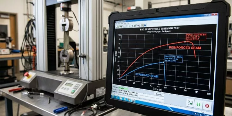 Tensile test machine computer screen showing bag seam strength graph at 45 lbs vs 85 lbs.