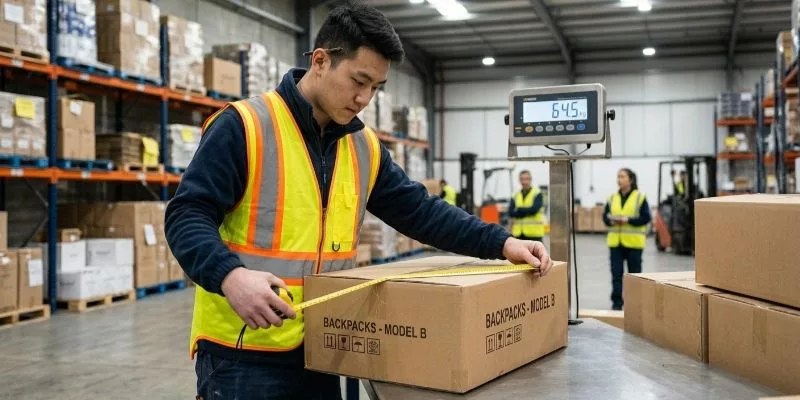 Warehouse worker measuring dimensional weight of a backpack shipping carton