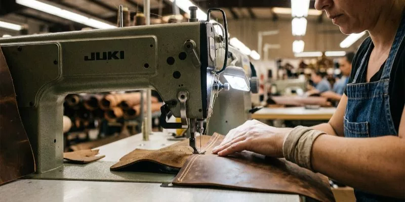 Hands using a digital caliper to accurately measure the thickness of a piece of cut black leather.