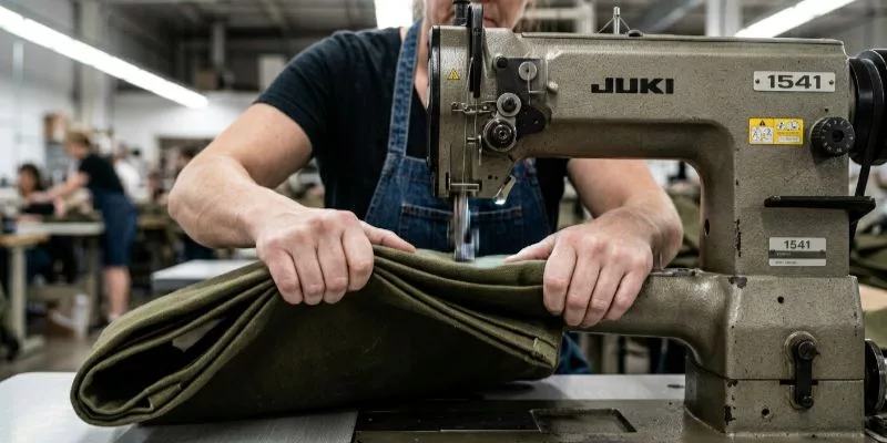 A worker struggling to sew thick, folded 24oz canvas on a heavy-duty Juki 1541 machine.