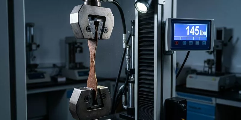 Digital tensile machine testing the strength of microfiber leather at 145 lbs