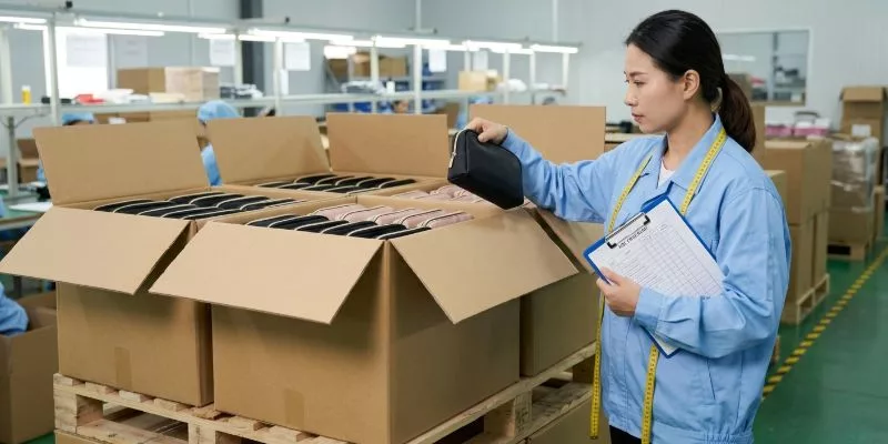 A Quality Control inspector in a factory uniform holding an AQL checklist and examining a finished cosmetic pouch next to a stack of open shipping cartons.
