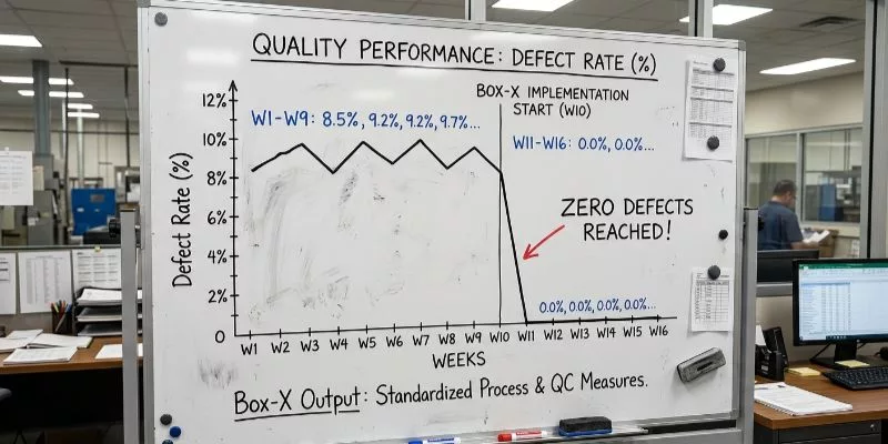 .Factory quality control whiteboard showing defect rate dropping to zero percent after Box-X implementation.