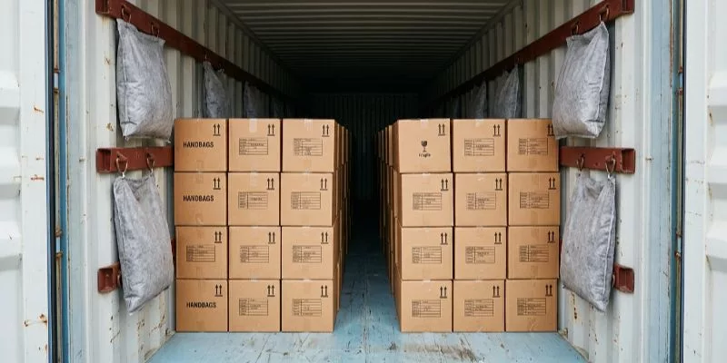 Open shipping container with perfectly stacked bag cartons and ventilation gaps