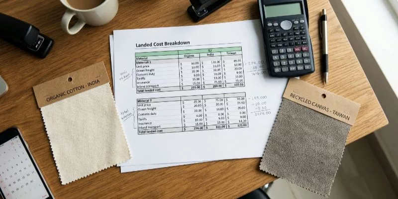 Procurement desk with landed cost breakdown sheet, calculator, and fabric samples