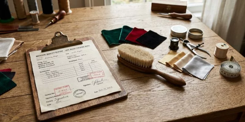 Professional fabric maintenance tools and factory test reports for evening bags